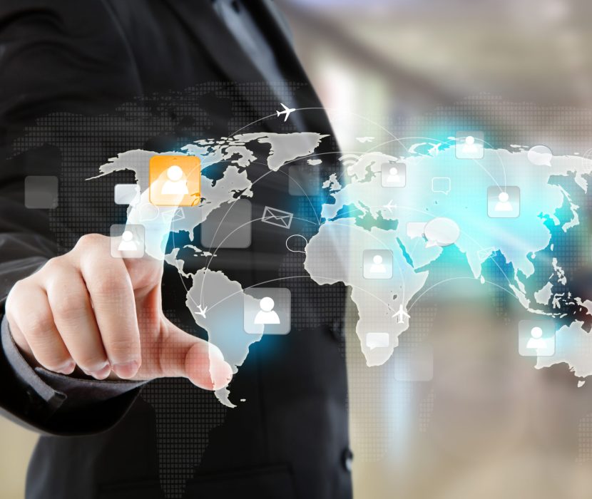 Social Network concept : Business man  point to social network and world map